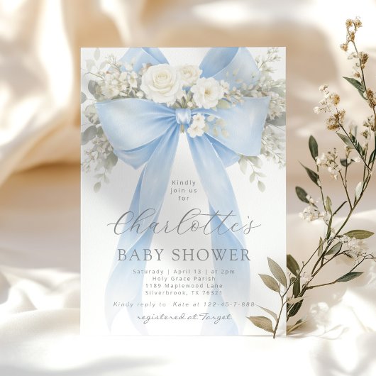 Blue Floral Bow It's a Boy Baby Shower Kaart