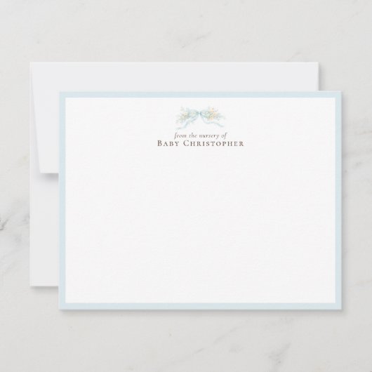Blue Floral Bow Nursery Note Card – Personalized Notitiekaartje (Voorkant)