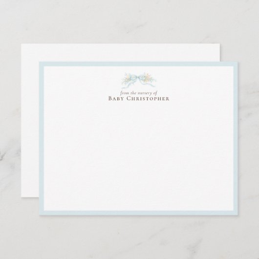 Blue Floral Bow Nursery Note Card – Personalized Notitiekaartje (Voorkant / Achterkant)