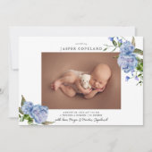 Blue Floral Boy Baby Foto Geboorte Aankondiging (Voorkant)