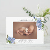 Blue Floral Boy Baby Foto Geboorte Aankondiging (Staand voorkant)