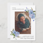 Blue Floral Boy Baby Foto Geboorte Aankondiging (Voorkant)