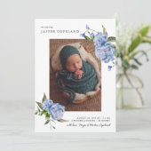 Blue Floral Boy Baby Foto Geboorte Aankondiging (Staand voorkant)
