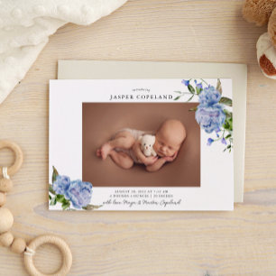 Blue Floral Boy Baby Foto Geboorte Aankondiging