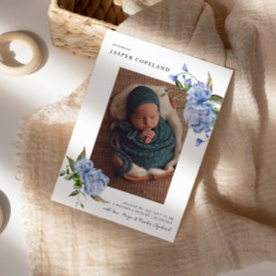 Blue Floral Boy Baby Foto Geboorte Aankondiging