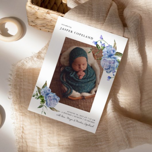 Blue Floral Boy Baby Foto Geboorte Aankondiging