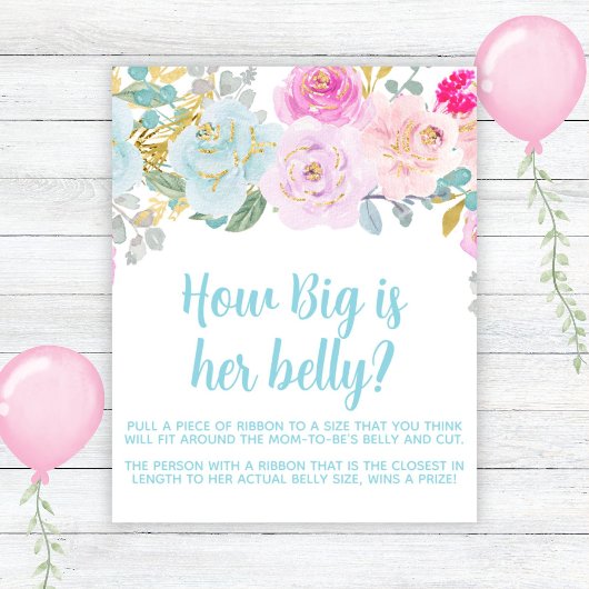 Blue Floral Boy Baby shower Big Belly Game Sign Poster