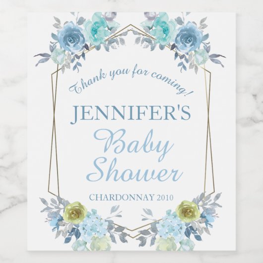  Blue Floral Boy Baby shower Dank u Wijn Etiket (Enkel label)