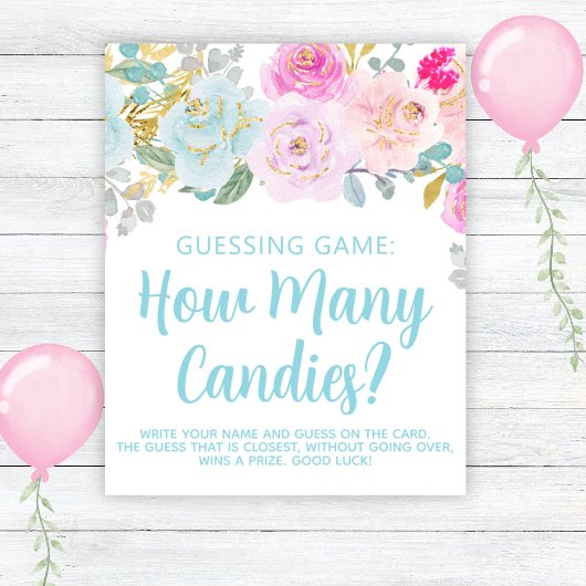 Blue Floral Boy Baby shower Guessing spel Poster