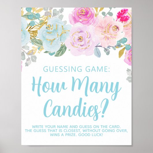 Blue Floral Boy Baby shower Guessing spel Poster (Voorkant)