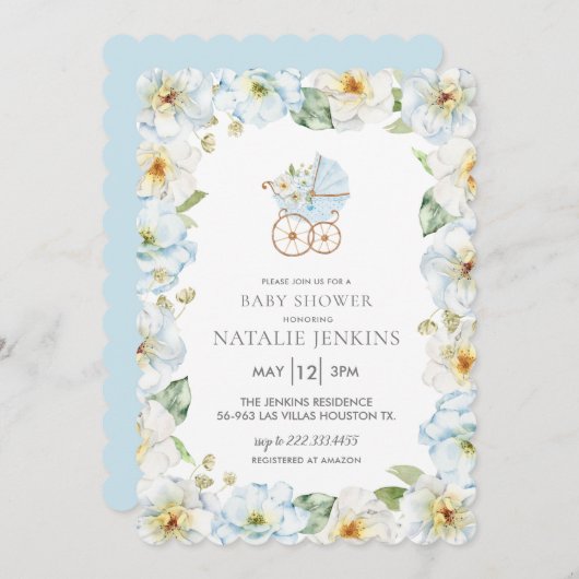 Blue Floral Boy Baby shower Invitation Kaart (Voorkant / Achterkant)