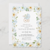 Blue Floral Boy Baby shower Invitation Kaart (Voorkant)