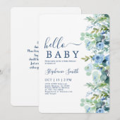 Blue Floral Boy Baby shower Invitation Kaart (Voorkant / Achterkant)