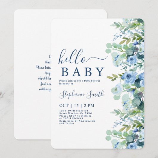 Blue Floral Boy Baby shower Invitation Kaart (Voorkant / Achterkant)