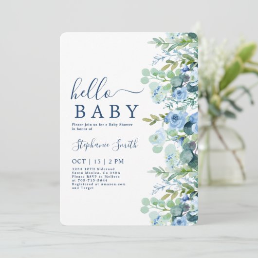 Blue Floral Boy Baby shower Invitation Kaart (Staand voorkant)