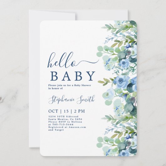 Blue Floral Boy Baby shower Invitation Kaart (Voorkant)