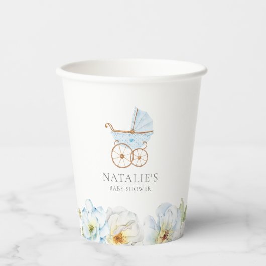 Blue Floral Boy Baby shower Paper Cups Papieren Bekers (Voorkant)
