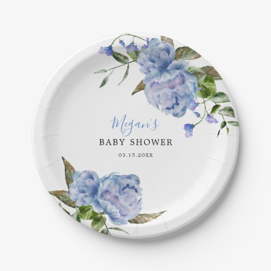 Blue Floral Boy Baby shower Papieren Bordje (Voorkant)