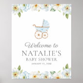 Blue Floral Boy Baby shower Welkom Poster (Voorkant)
