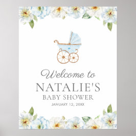 Blue Floral Boy Baby shower Welkom Poster
