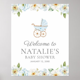 Blue Floral Boy Baby shower Welkom Poster