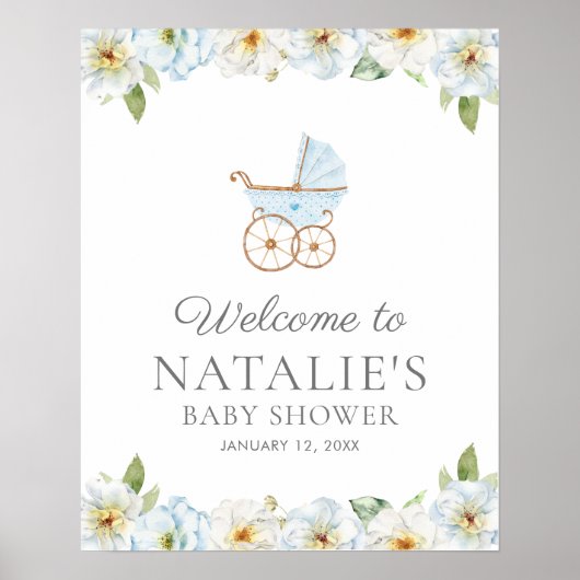 Blue Floral Boy Baby shower Welkom Poster (Voorkant)