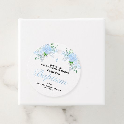 Blue Floral Boy Baptism Bedankjes Labels (In situ)