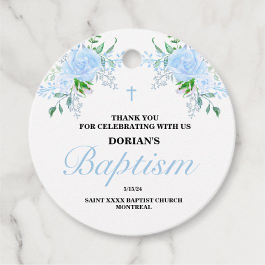 Blue Floral Boy Baptism Bedankjes Labels (Voorkant)