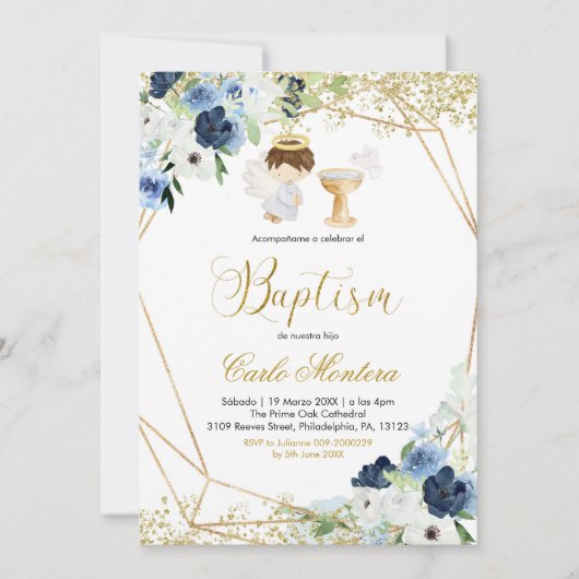 Blue Floral Boy Baptism Invitation Kaart (Voorkant)