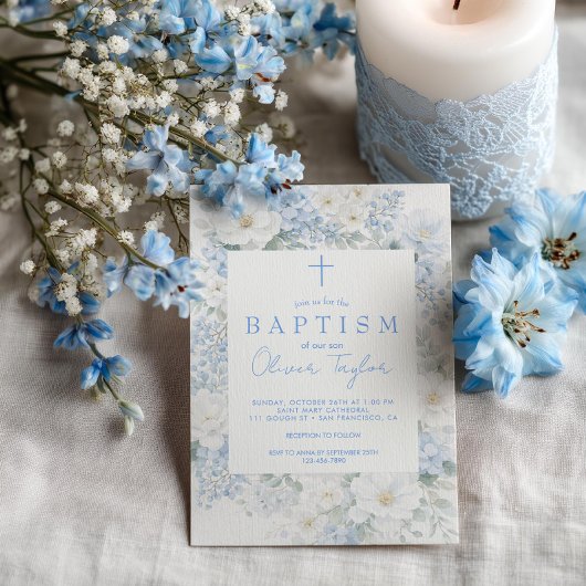 Blue Floral  Boy  Baptism Kaart
