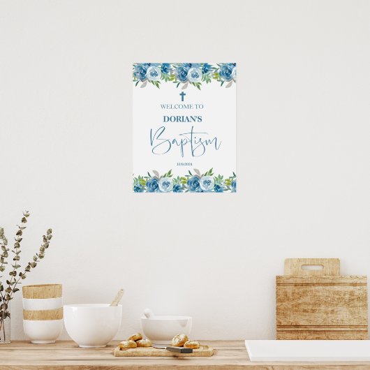 Blue Floral Boy Baptism Poster (Keuken)