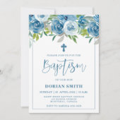 Blue Floral Boy Baptism-uitnodiging Kaart (Voorkant)