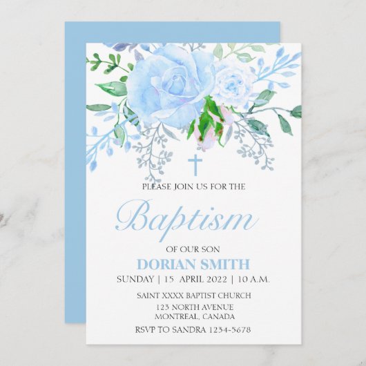 Blue Floral Boy Baptism-uitnodiging Kaart (Voorkant / Achterkant)
