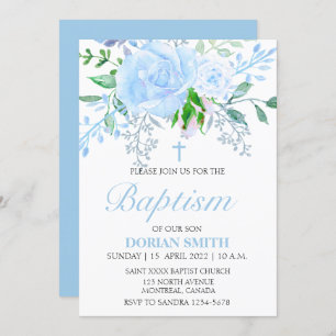 Blue Floral Boy Baptism-uitnodiging Kaart