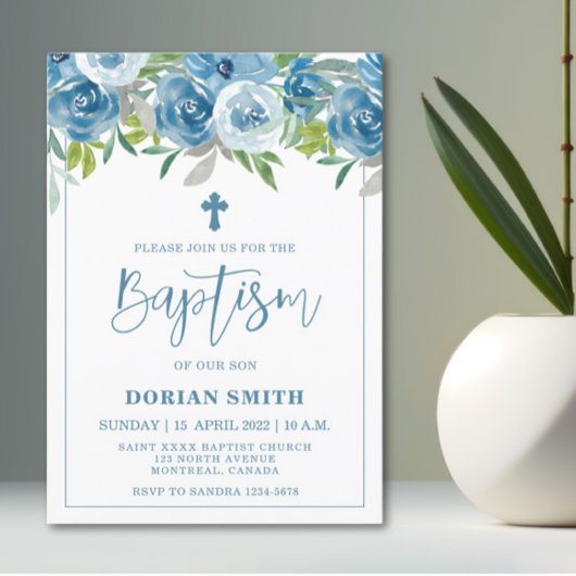 Blue Floral Boy Baptism-uitnodiging Kaart