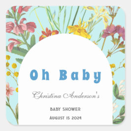 Blue Floral Boy Elegant Vierkant Baby shower Vierkante Sticker