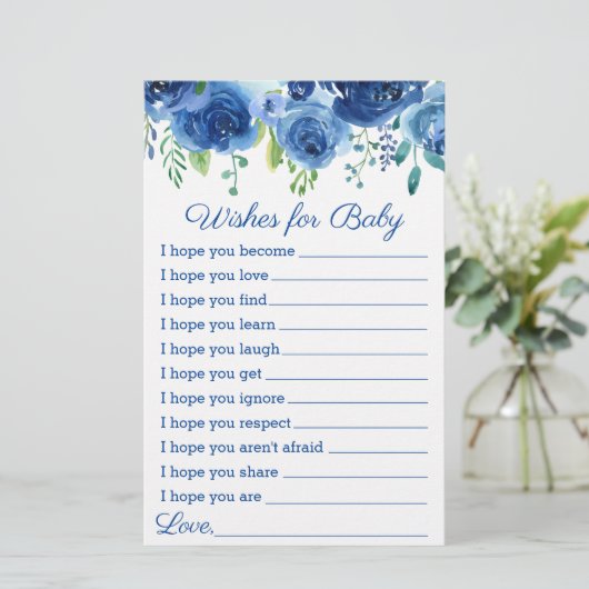 Blue Floral Boy Wishes Baby shower Game (Staand voorkant)