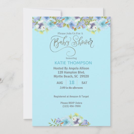 Blue Floral Boys Baby shower Invitation Kaart (Voorkant)