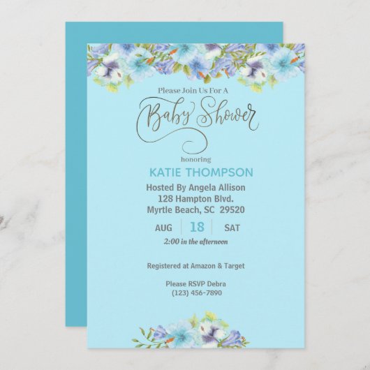 Blue Floral Boys Baby shower Invitation Kaart (Voorkant / Achterkant)