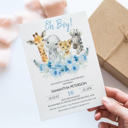Blue Floral Boys Safari Baby shower Uitnodiging