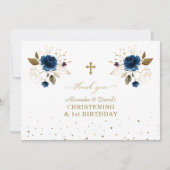 Blue Floral Boys Twins 1st Birthday Christening Bedankkaart (Voorkant)