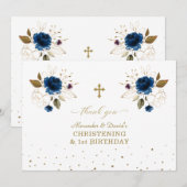 Blue Floral Boys Twins 1st Birthday Christening Bedankkaart (Voorkant / Achterkant)