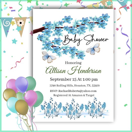 Blue Floral Branch Baby shower Invitation Kaart