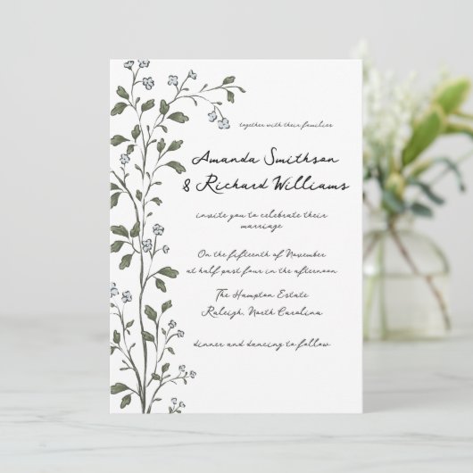 Blue Floral Branch bruiloft uitnodiging (Staand voorkant)