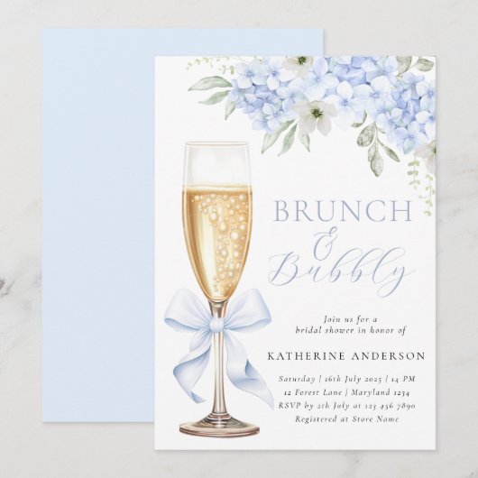 Blue Floral Bridal Brunch Shower Invitation Kaart (Voorkant / Achterkant)