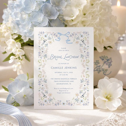 Blue Floral Bridal Luncheon with Bow Kaart