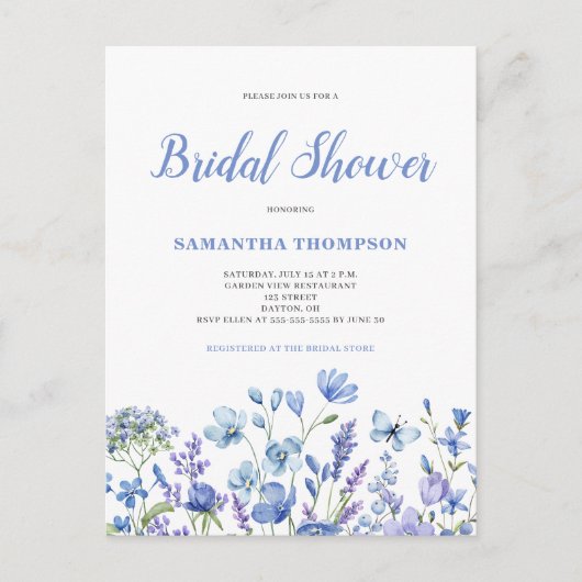 Blue Floral Bridal Shower Briefkaart (Voorkant)