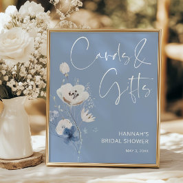 Blue Floral Bridal Shower Cards and Gifts Sign Poster