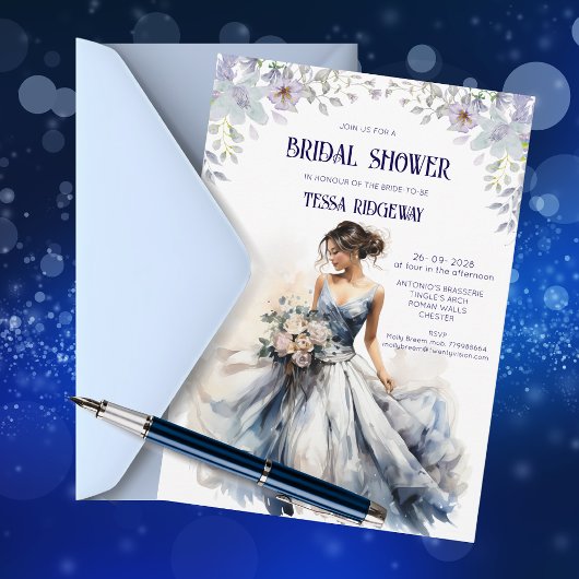 Blue Floral Bridal Shower Invitation Kaart