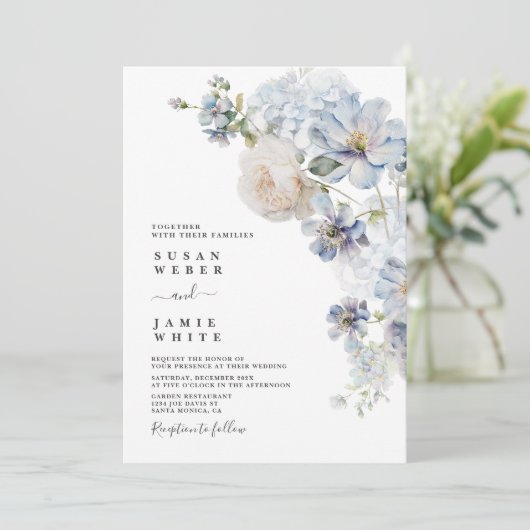 Blue Floral bruiloft uitnodiging (Staand voorkant)